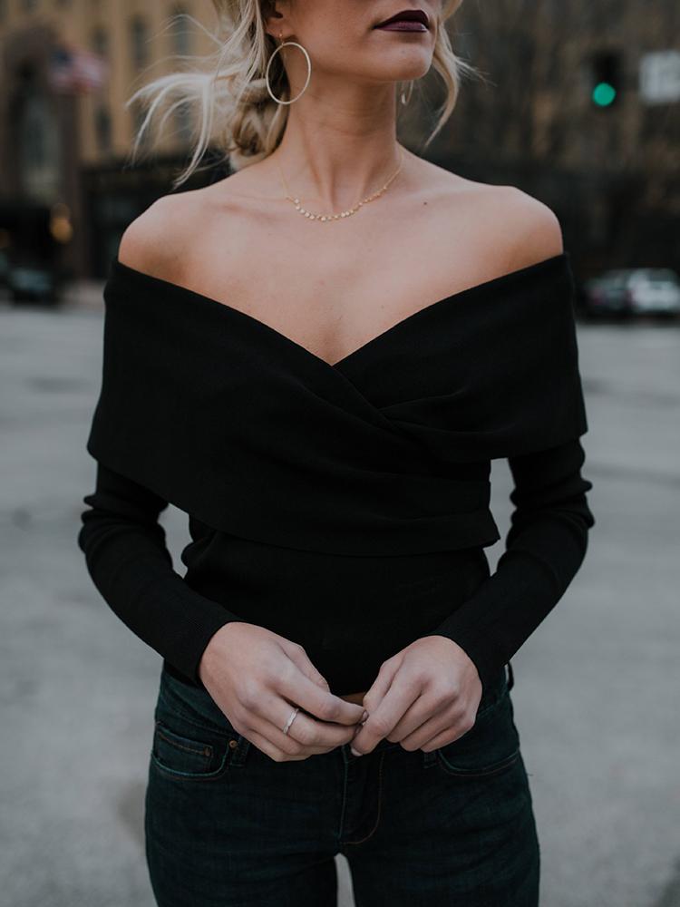 

Stylish Solid Crisscross Off Shoulder Top, Gray;black
