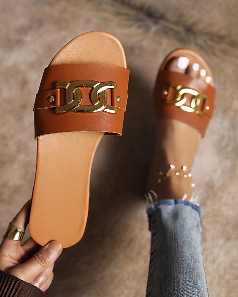 

Round-toe Solid Color Splicing Chain Flat Slippers, Brown