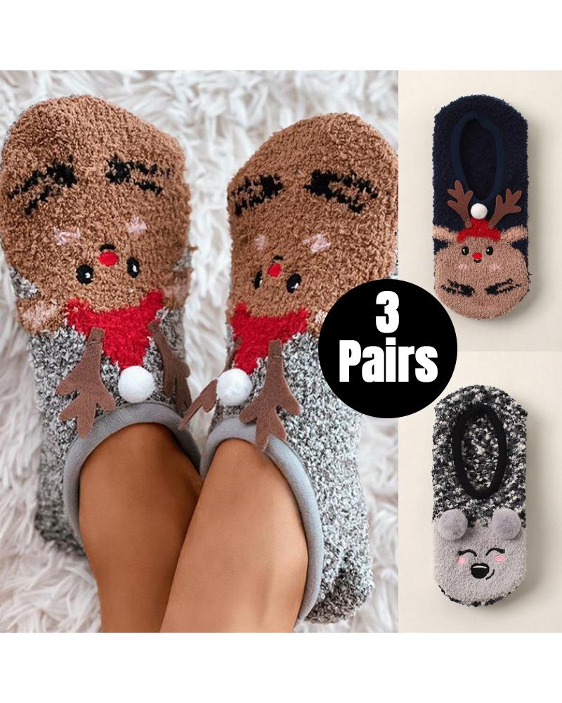 

3 pares de calcetines navideños con estampado de renos y forro polar, suaves y antideslizantes, Style1