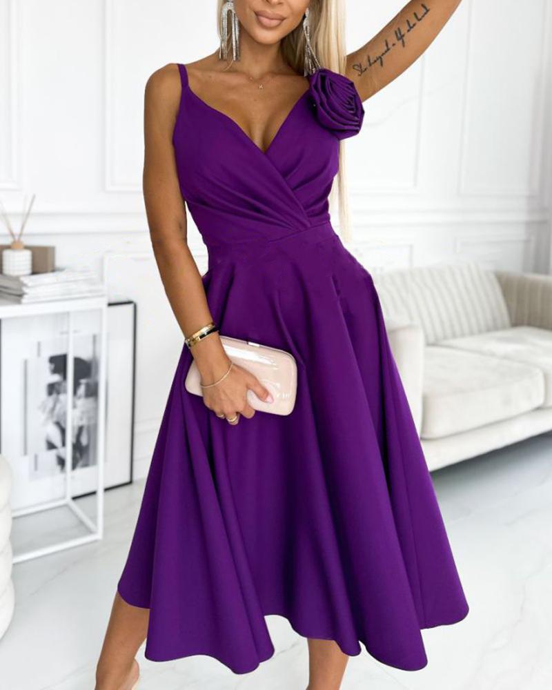 

Rose Detail Spaghetti Strap Party Dress, Dark purple