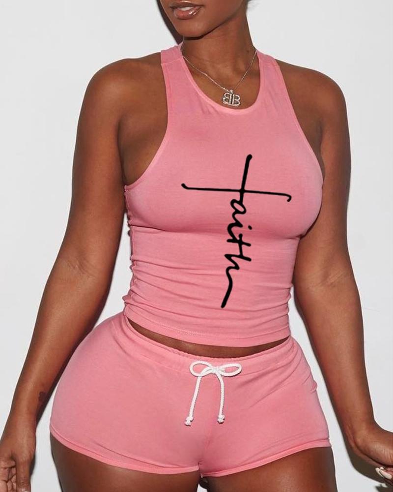 

Letter Print Tank Top & Drawstring Shorts Set, Pink