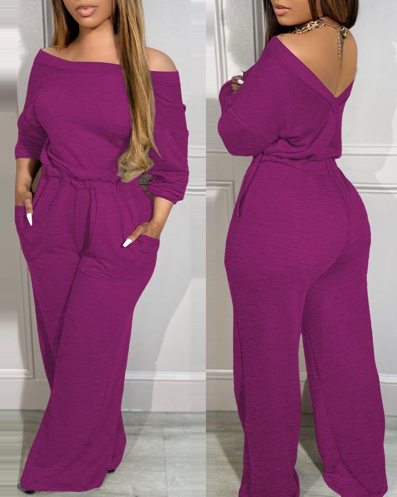 

Off Shoulder V-Back Stretchy Waist Pocket Design Jumpsuit, Hot pink