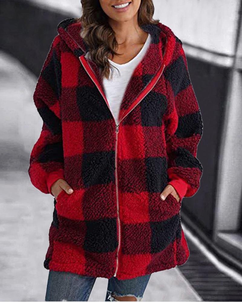 

Plaid Print Long Sleeve Zip Up Teddy Coat, Red