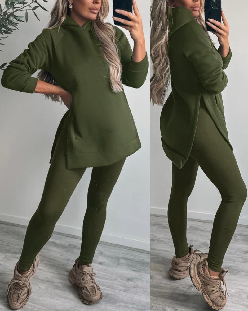 

2PCS Side Slit Kangaroo Pocket Design Hoodie & Skinny Leggings Pants Set, Army green