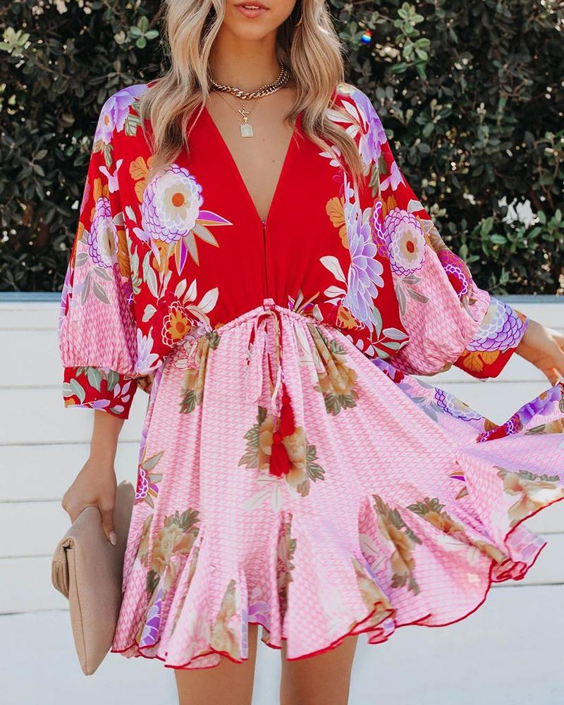 

Floral Print Ruffles Hem Lantern Sleeve Casual Dress, Pink