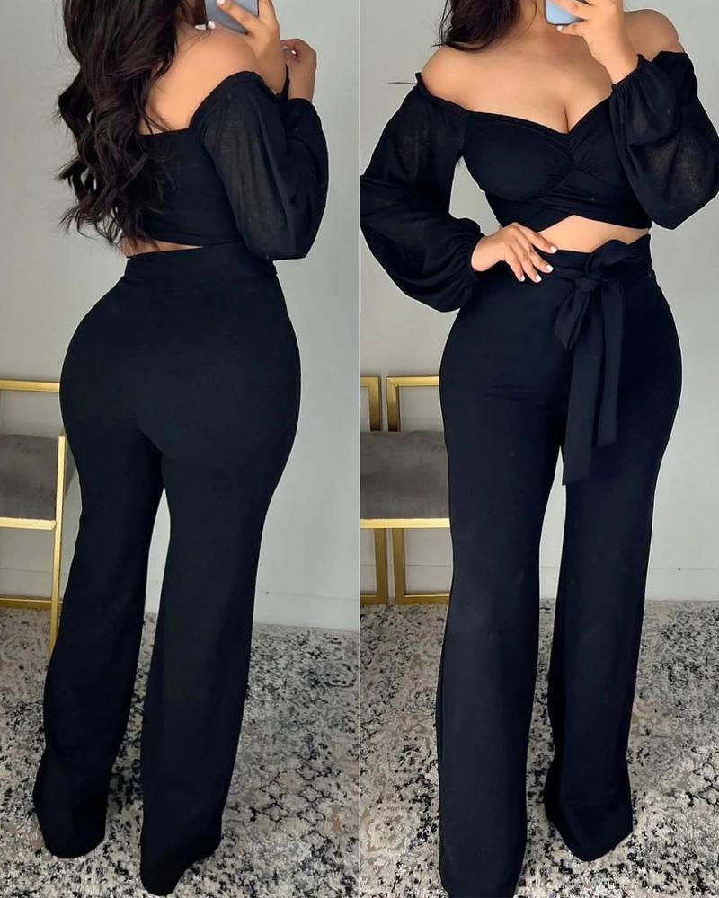 

Off Shoulder Crop Top & Tied Detail Pants Set, Black