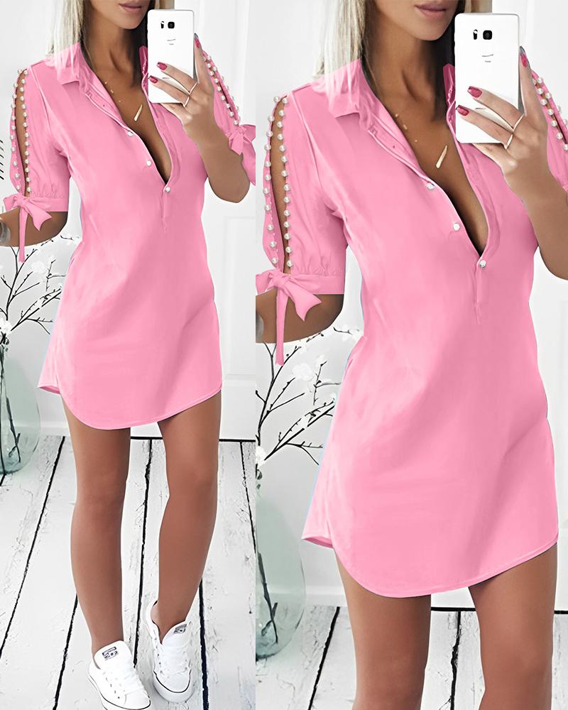 Split Sleeve Pearls Decor Shirt Dress