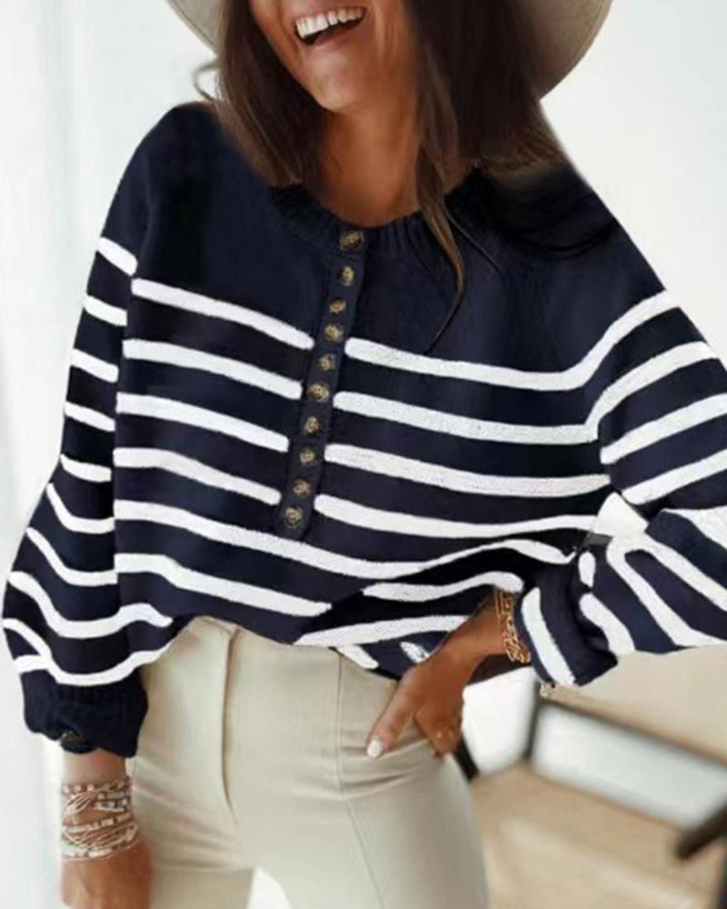 

Striped Print Button Design Long Sleeve Sweater, Purplish blue