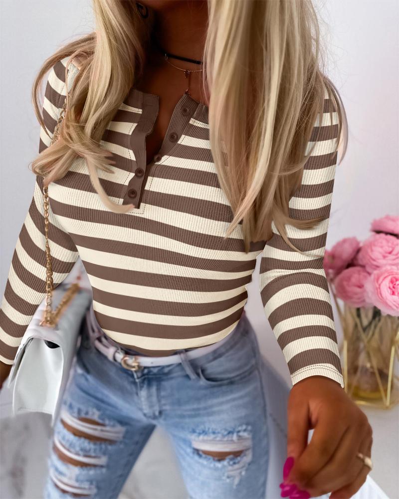 

Striped Long Sleeve Crewneck Tops Button Front Ribbed Slim Fit Casual Basic Tees Tops, Khaki