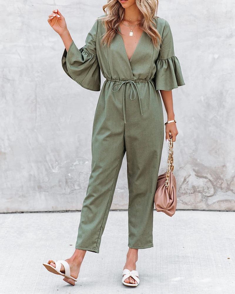 

Plain Ruffle Hem Drawstring Jumpsuit, Green