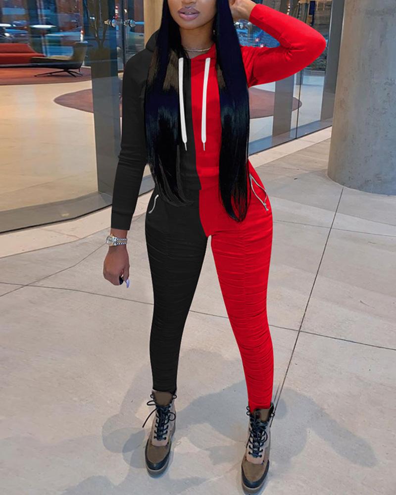 

Colorblock Long Sleeve Hoodie & Ruched Pants Set, Black