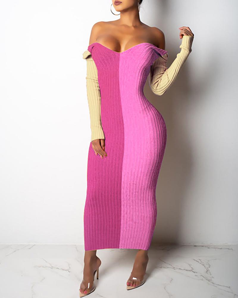 

Colorblock Ribbed Off Shoulder Maxi Dress, Pink