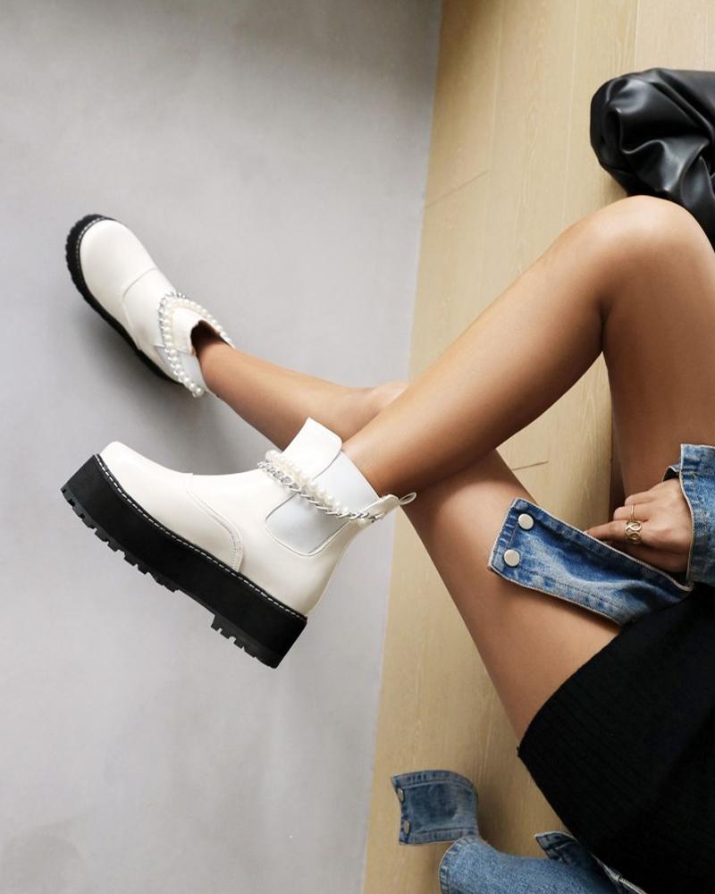 

Chic Womens Faux Pearl Chain Decoration Round Toe Platform Boots, White