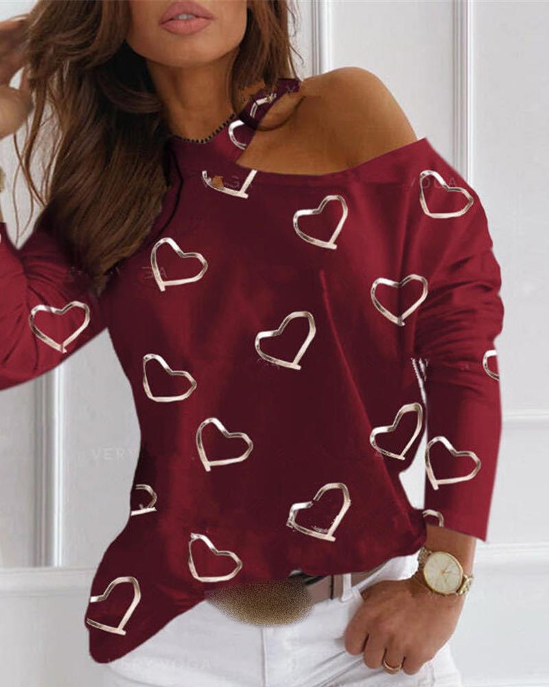 

Cold Shoulder Heart Print Long Sleeve Top, Red