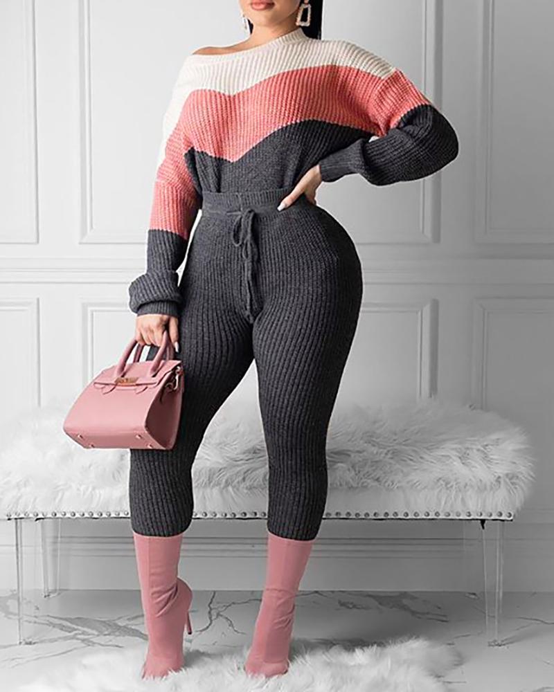 

Colorblock Lantern Sleeve Sweater & Drawstring Pants Set, Pink