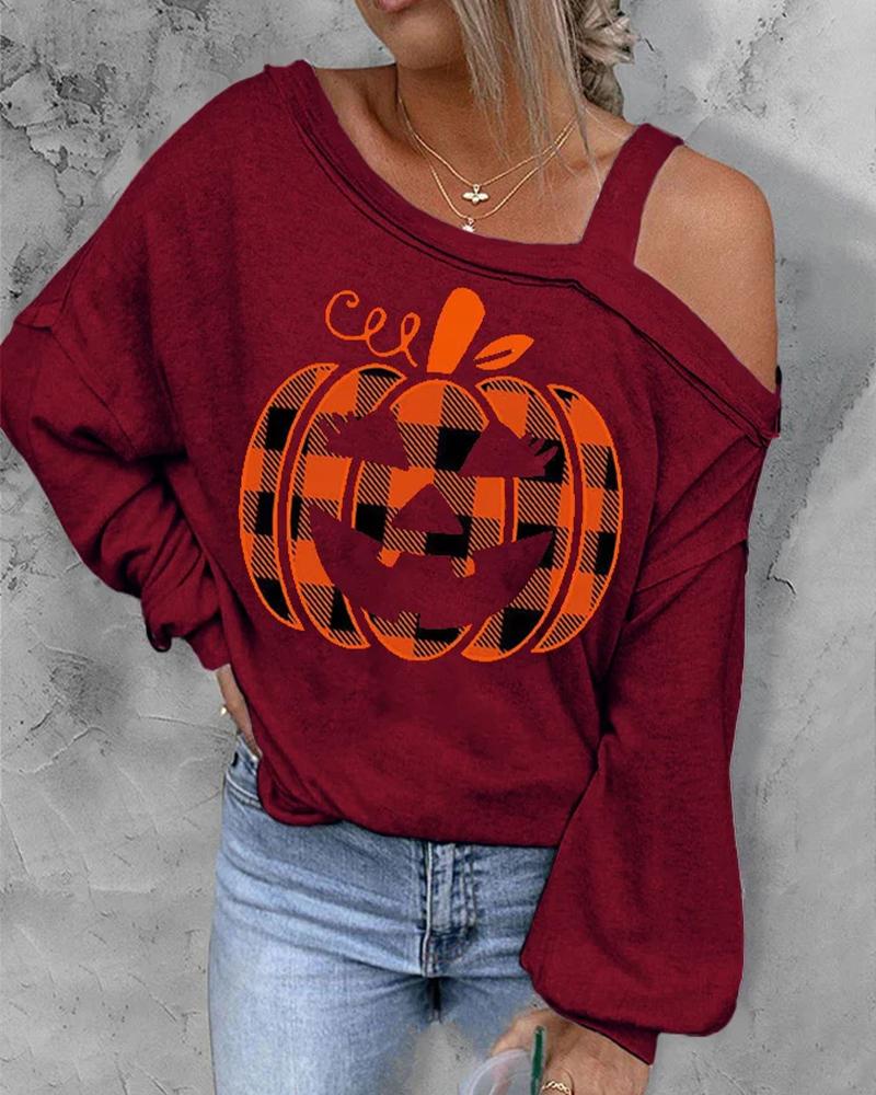 

Halloween Pumpkin Print Cold Shoulder Top, Red