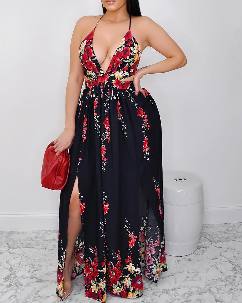 

Halter Slit Floral Print Maxi Dress, Black