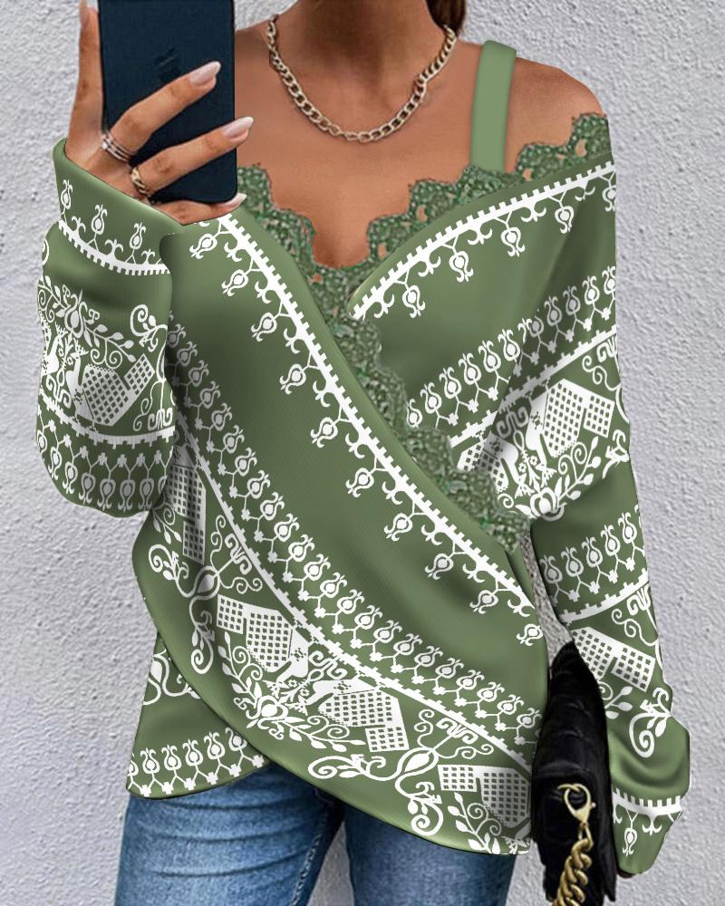 

Tribal Print Contrast Lace Cold Shoulder Wrap Top, Green