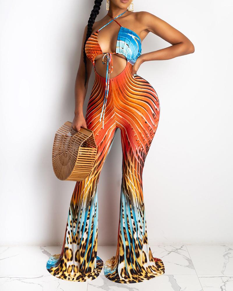 

Crisscross Cutout All Over Print Jumpsuit, Orange