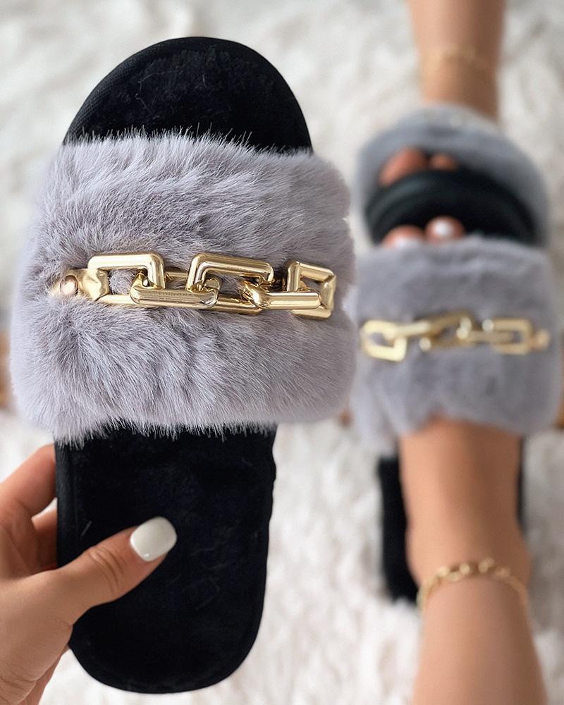 

Chain Decor One Strap Fuzzy Slippers, Gray