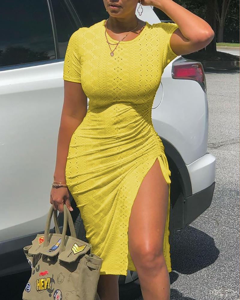 

Eyelet Embroidery Drawstring Ruched Slit Dress, Yellow