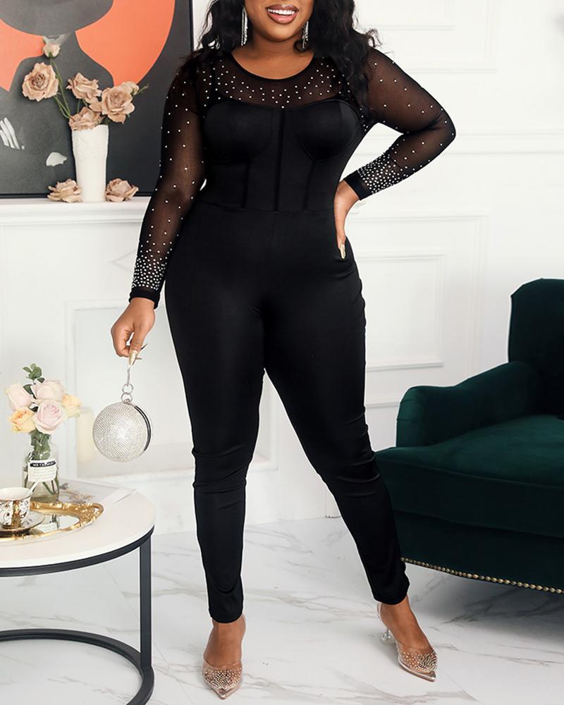 

Sheer Mesh Rhinestone Decor Long Sleeve Jumpsuit, Black