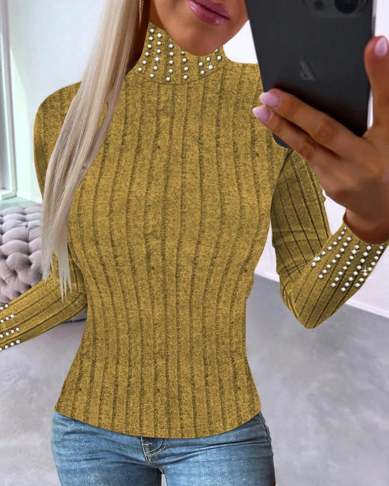 

Beaded High Neck Long Sleeve Top, Yellow