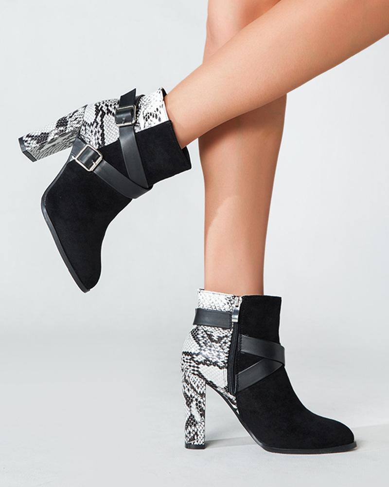 

Round Toe Snake Print Patchwork High Heel Boots, Black