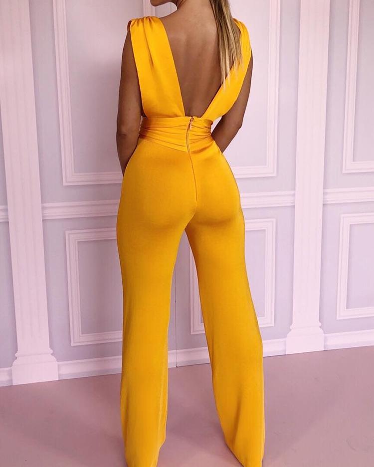 

Solid Double V Ruched Waist Sleeveless Jumpsuit, Yellow