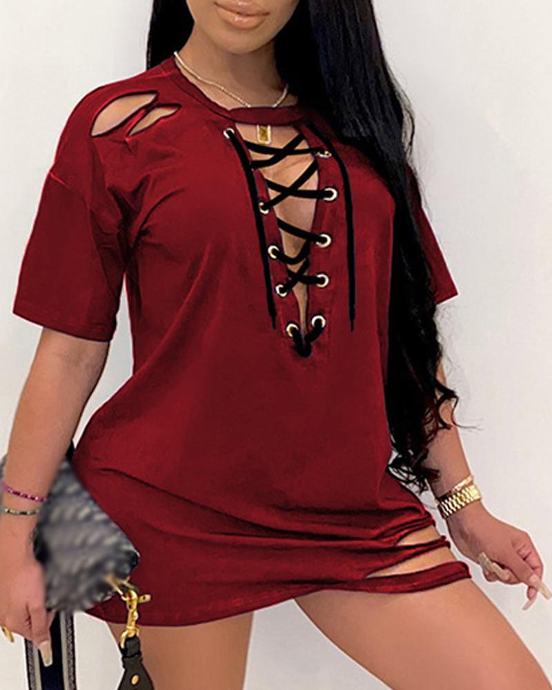 

Plus Size Grommet Eyelet Lace-up Cutout Casual Dress, Wine red
