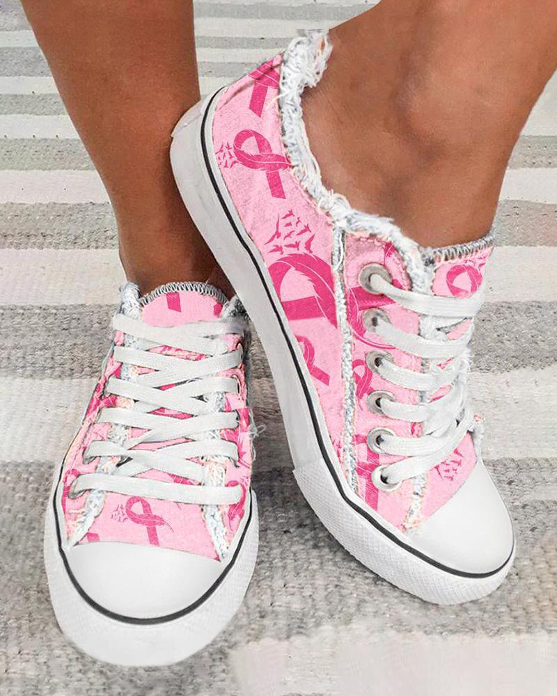 

Valentine's Day Feather Print Lace-up Fringe Hem Canvas Sneakers, Pink
