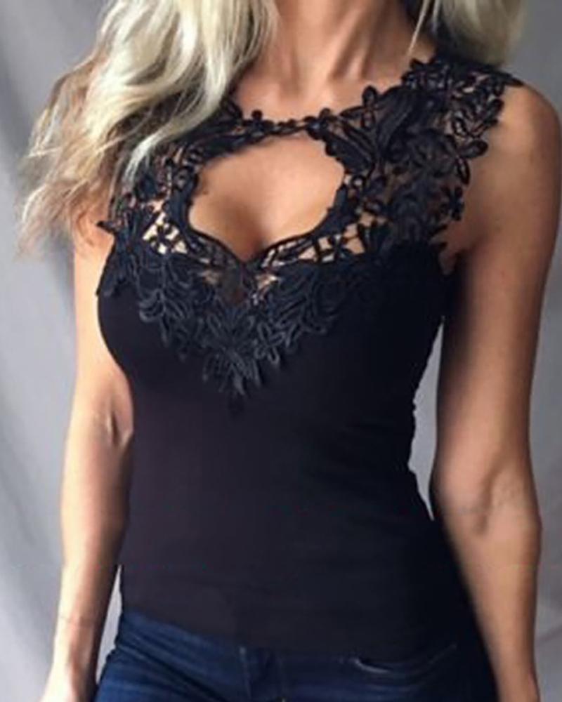 

Lace Trim Cutout Sleeveless Top, Black