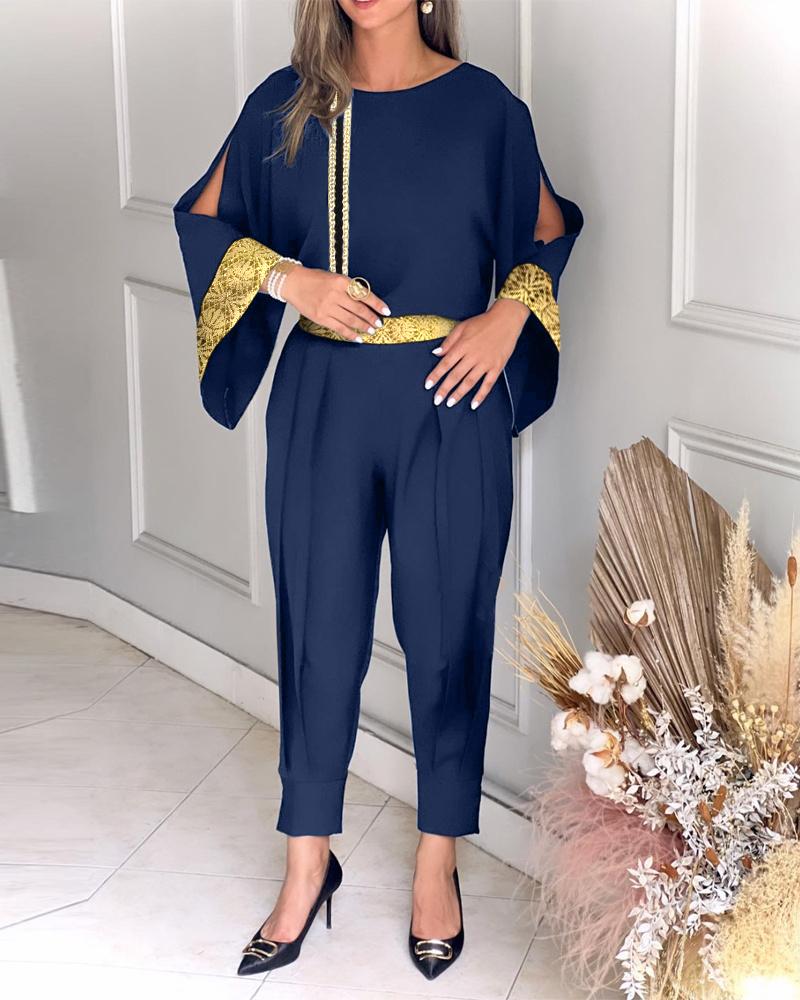 

Contrast Paneled Bell Sleeve Cutout Top & Pants Set, Purplish blue