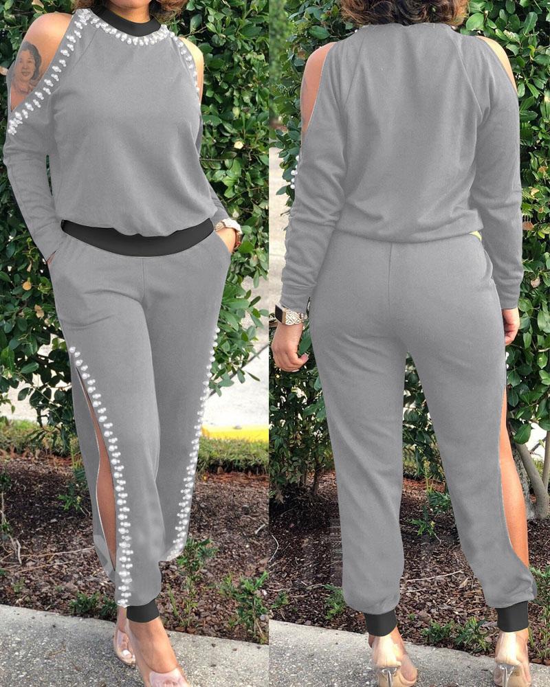 

Pearls Decor Cold Shoulder Top & Split Hem Pants Set, Gray