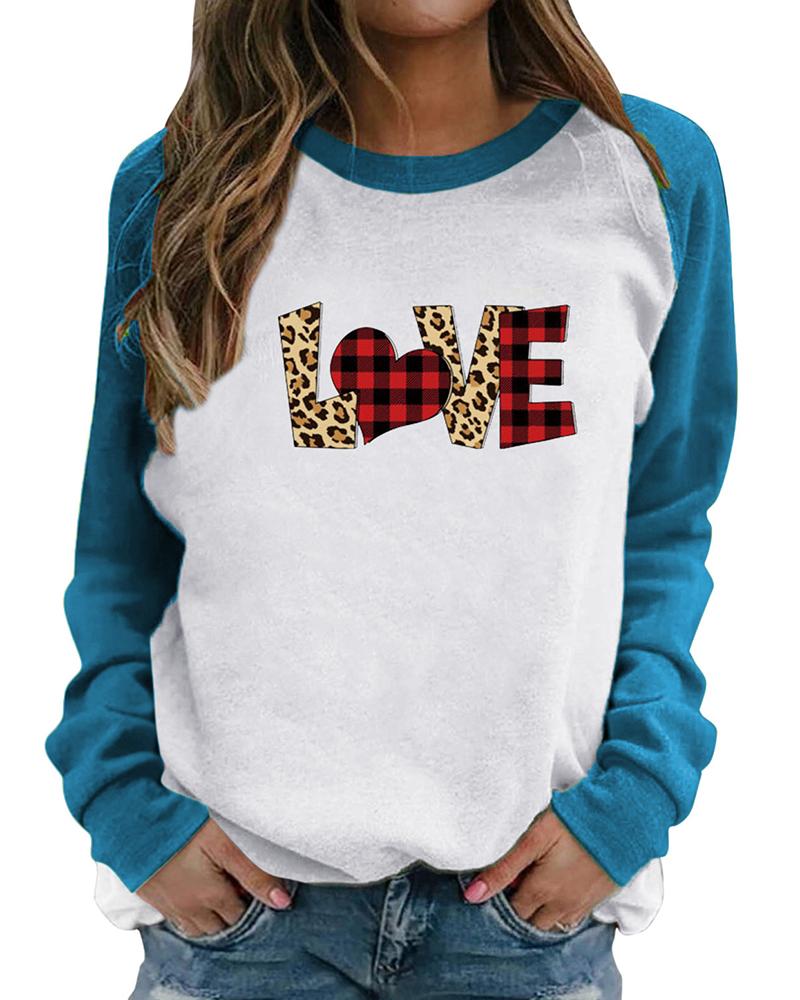 

Valentine' Day Cheetah Plaid Print Colorblock Sweatshirt, Blue