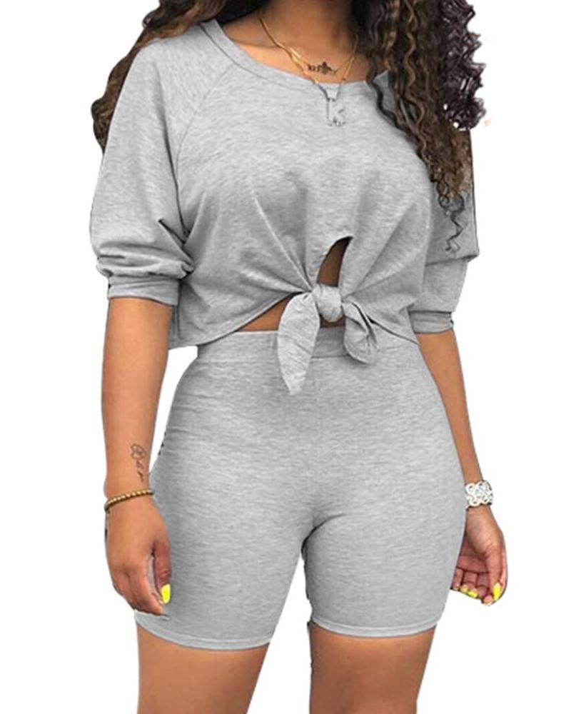 

Tied Detail Top & High Waist Shorts Set, Gray