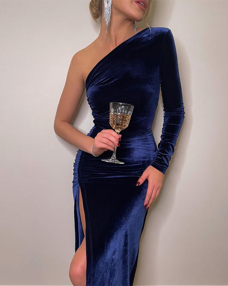 

One Shoulder High Slit Velvet Ruched Party Dress, Blue