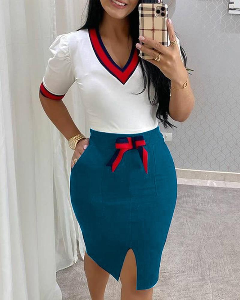 

Striped Colorblock Puff Sleeve Top & Plain Slit Skirt Set, Blue