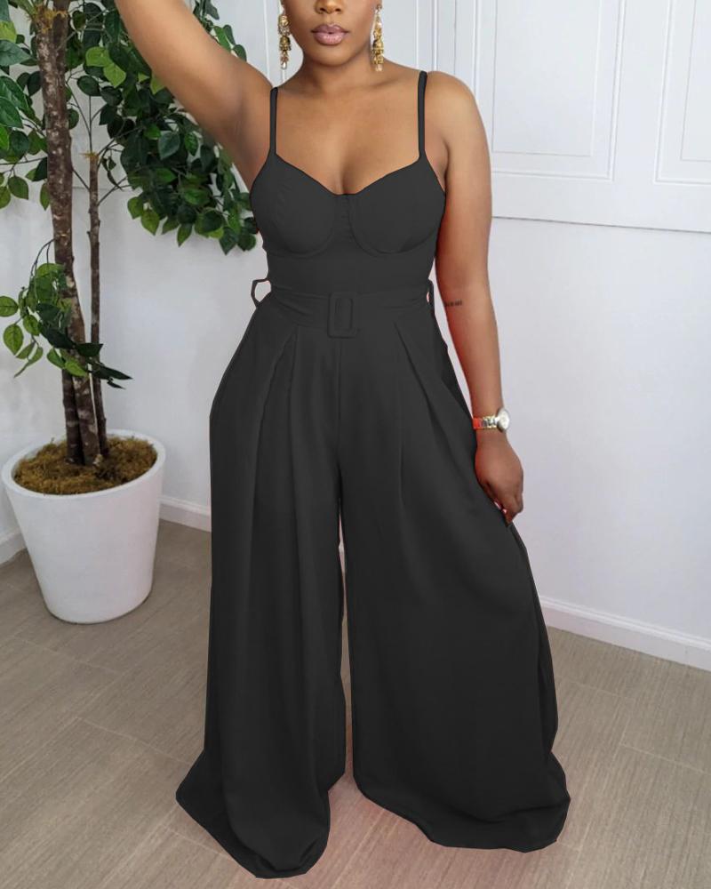 

Patchwork Spaghetti Strap Wide Leg Jumpsuit, Black