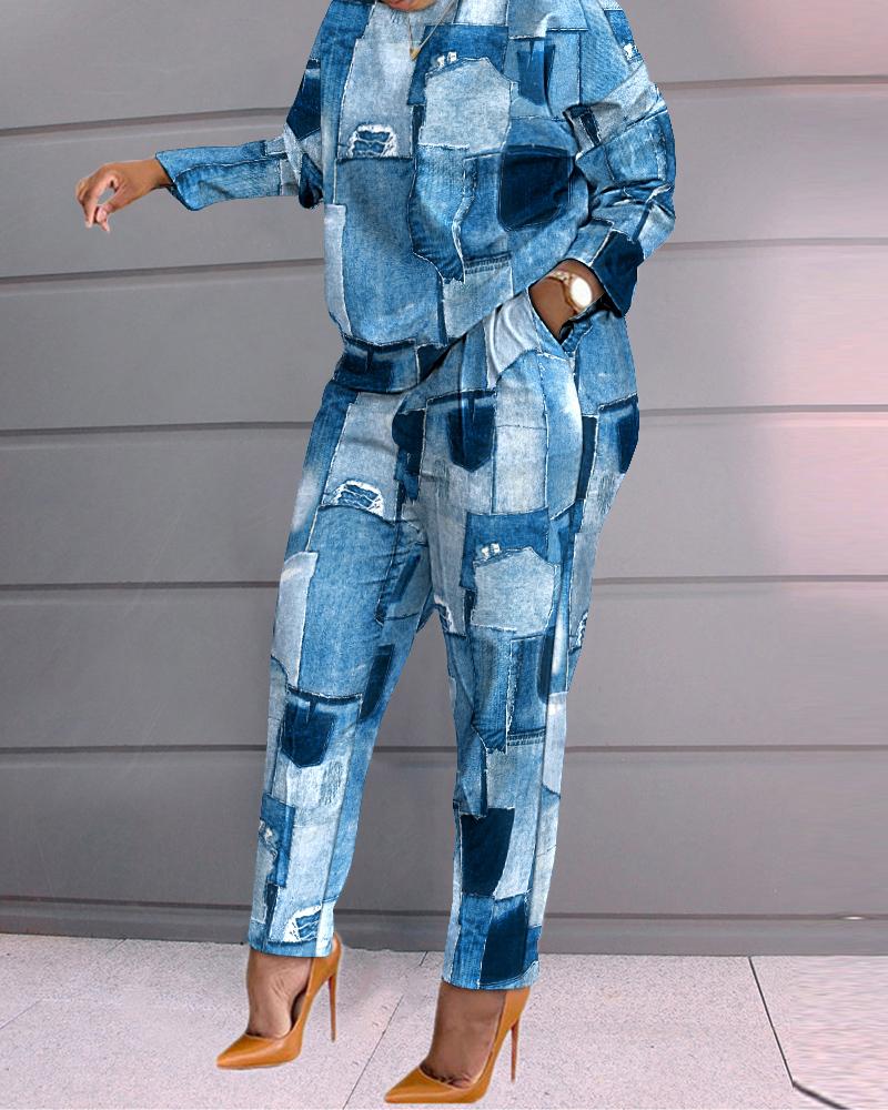 

Plus Size Denim Look Print Long Sleeve Top & Pants Set, Blue