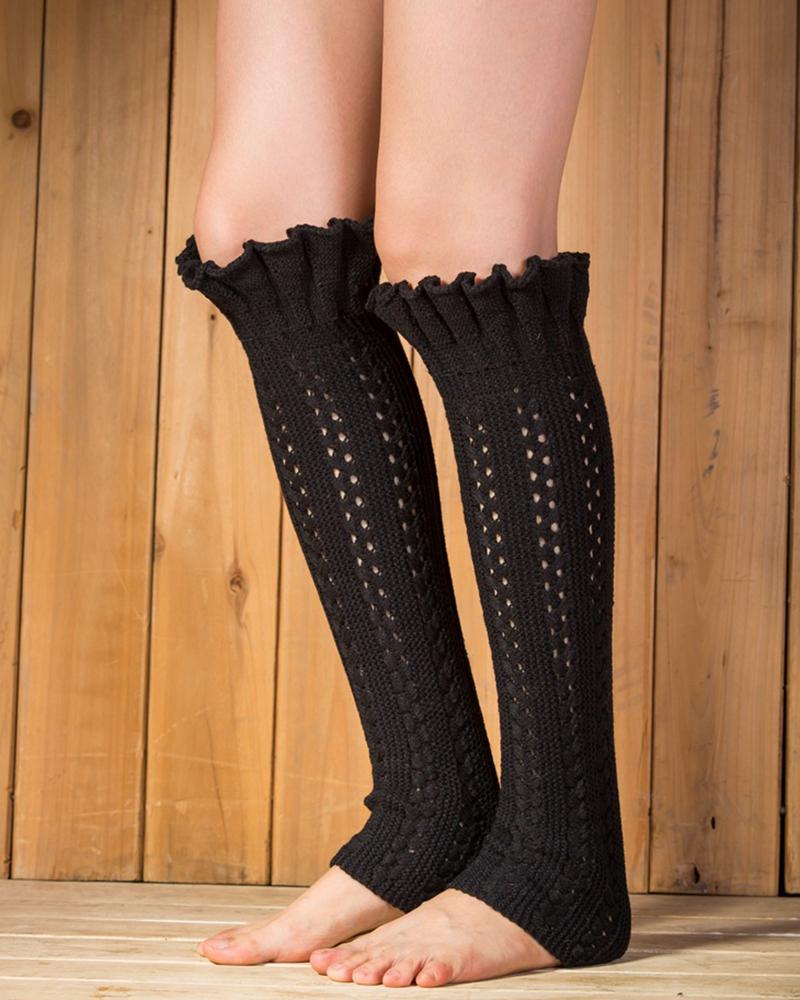 

Hollow Out Frill Hem Knee-High Leg Warmers, Black