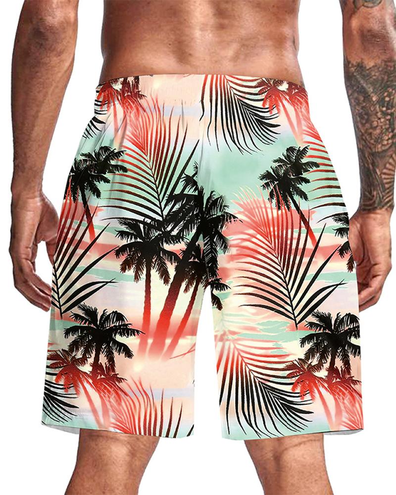 

Hawaii Coconut Tree Print Loose Drawstring Shorts, Multicolor