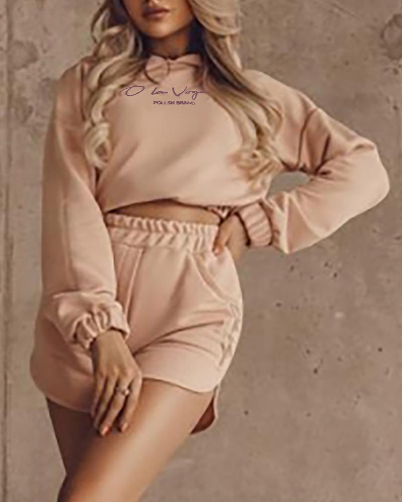 

Letter Print Hooded Crop Top & Shorts Set, Pink