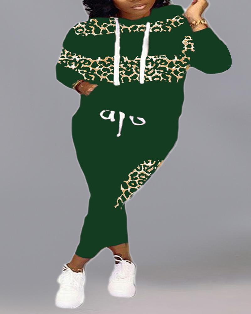 

Plus Size Leopard Print Long Sleeve Hoodie & Pants Set, Green