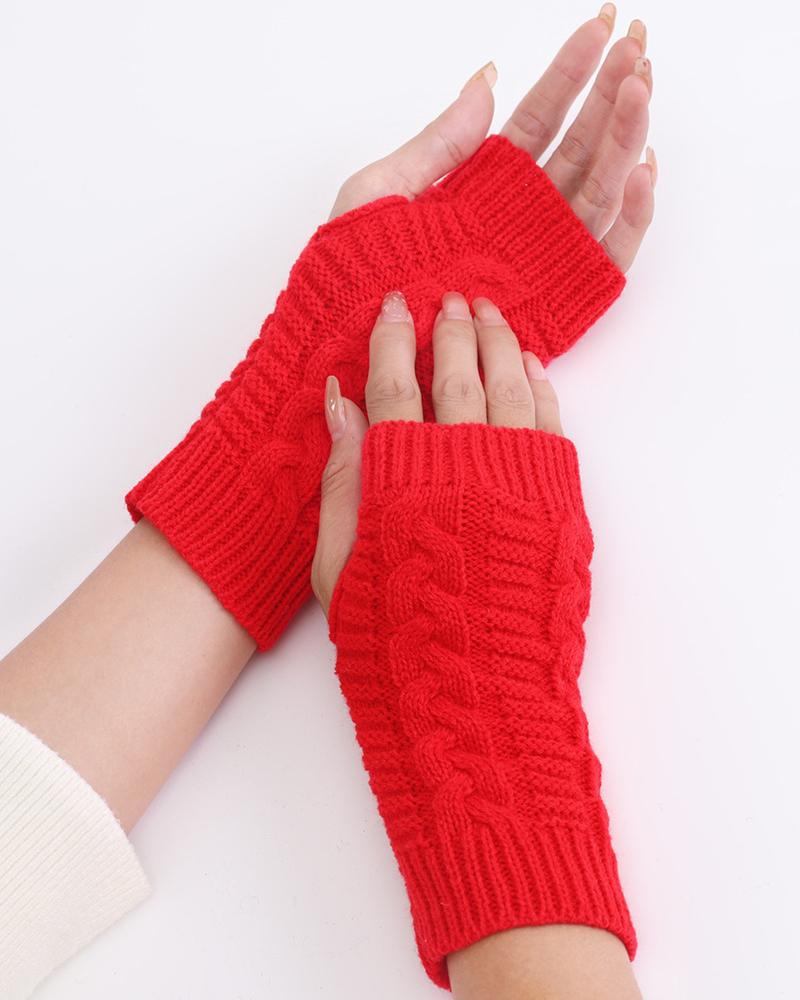 

1Pair Warm Cable Knit Fingerless Gloves, Red