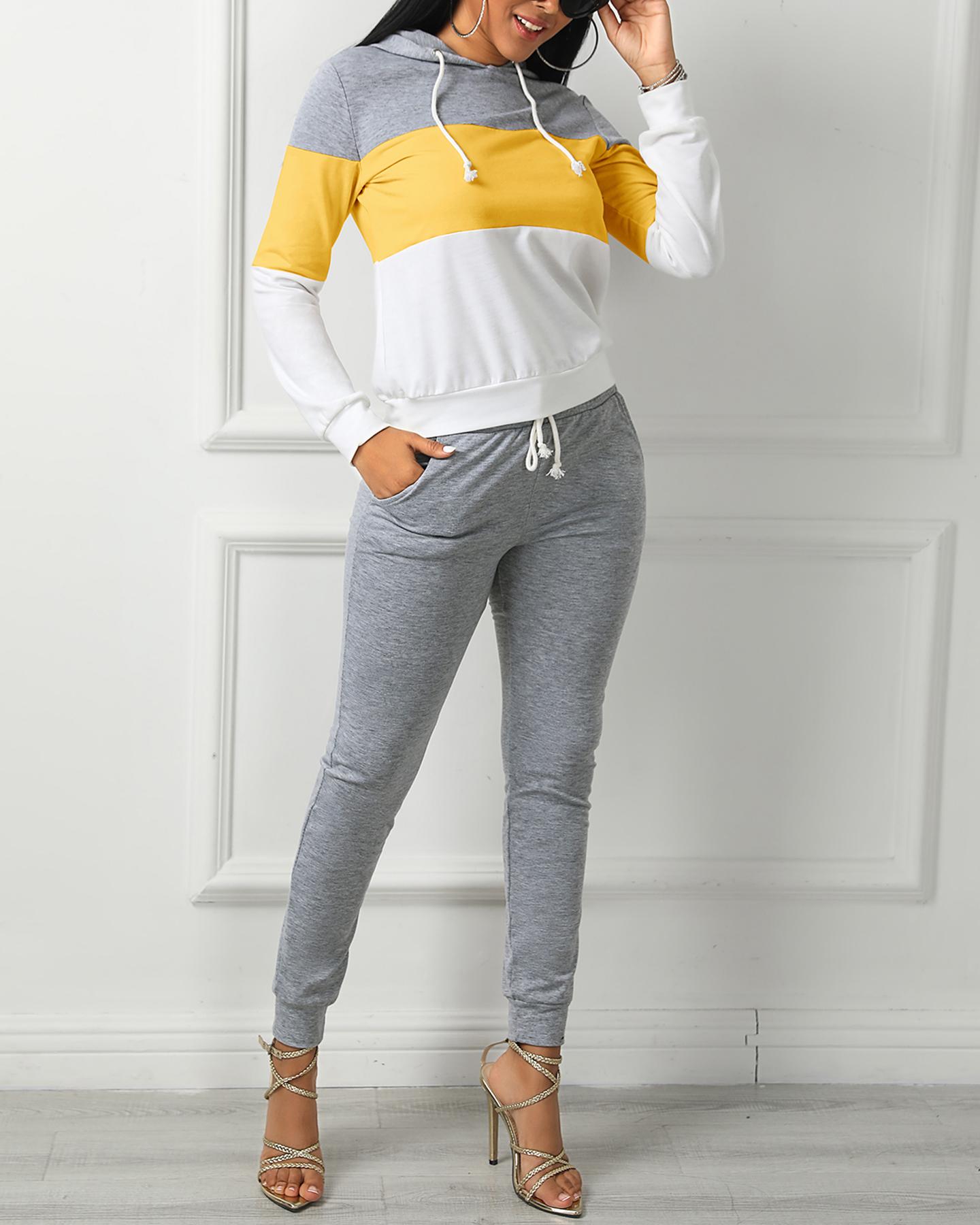 

Drawstring Colorblock Hooded Women Top & Pant Sets, Yellow