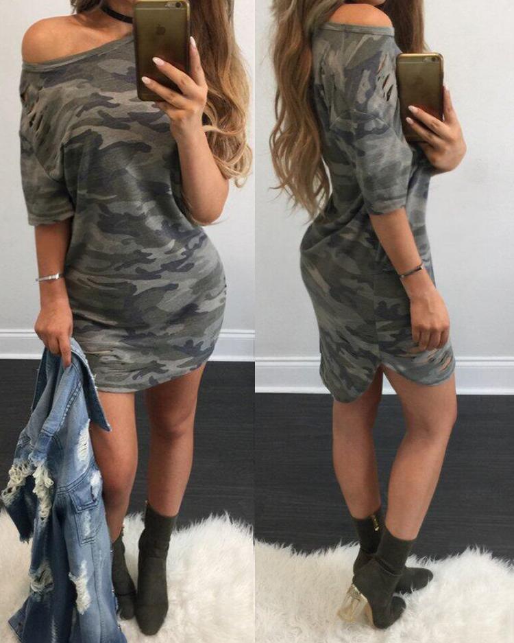 

Trendy Camouflage Print One Shoulder Casual Dress, Gray