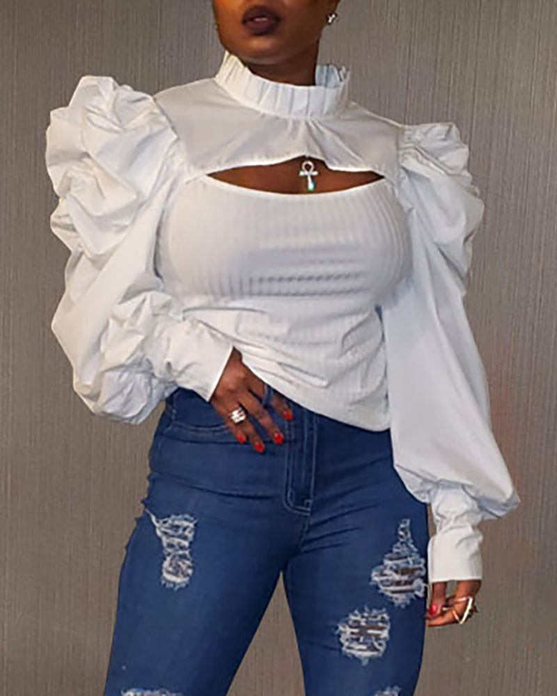 

Plain Puff Sleeve Cutout Top, White