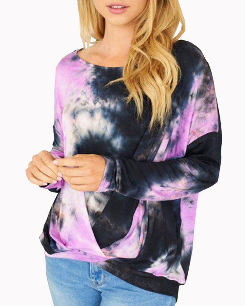 

Tie Dye Print Ruched Long Sleeve Top, Black