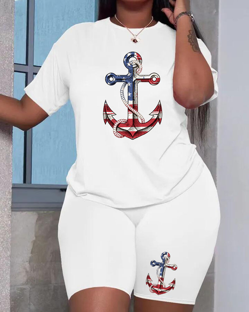 

Independence Day Flag Anchor Print Casual Top & Shorts Set, White